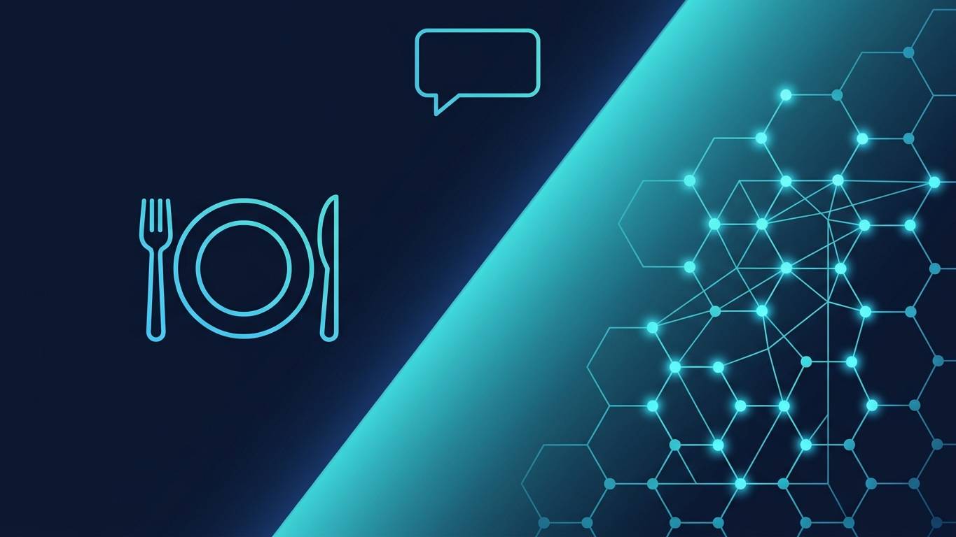 Restoran ve kafeler için AI görünürlük: tabak silüeti + chat balonu + neural network deseni hero görseli