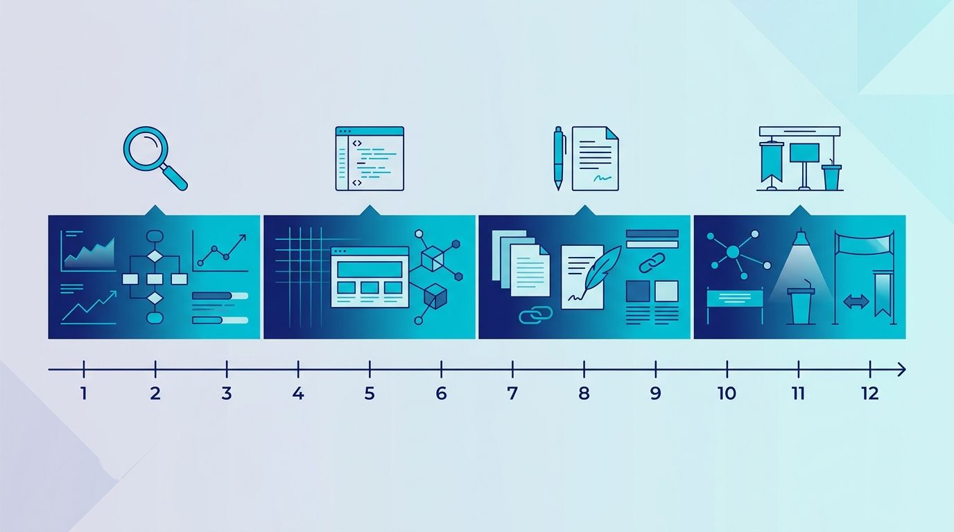 İzmir ihracat firma için 12 haftalık AI görünürlük sprint timeline — audit, schema-site, content-earned, fuar-mecra dört dilim