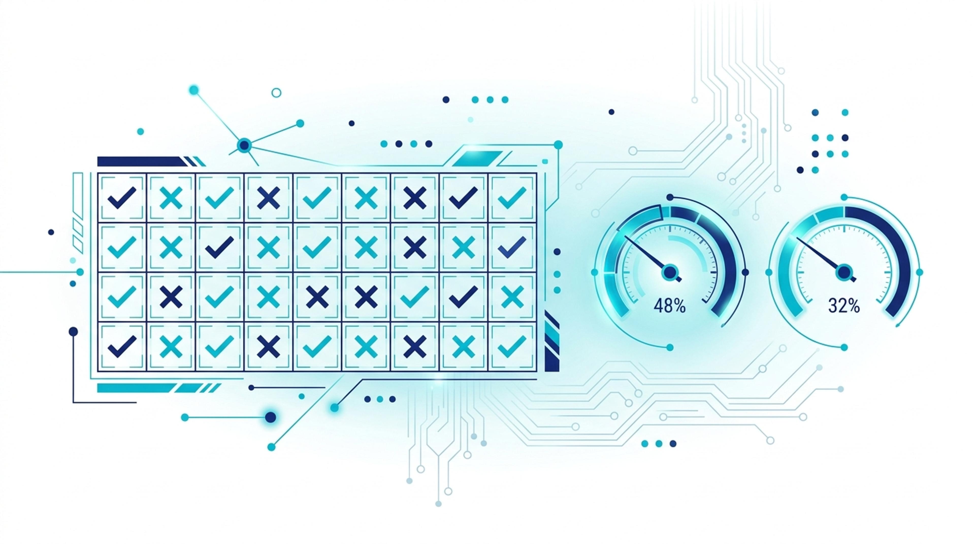 Sheltron 30-sorgu Türkçe benchmark testi: 10x3 grid matrisi + iki adet skor metresi %48 ve %32