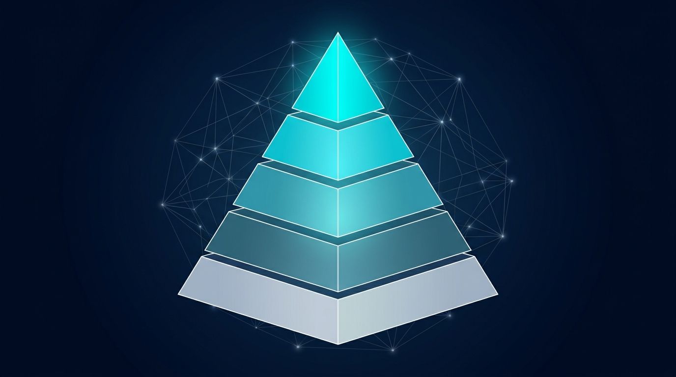 GEO Maturity Model 2026 hero — 5 katmanlı pyramid sembolü, alt katmanlar gri/lacivert (Aşama 1), üst katmanlar parlak turkuaz (Aşama 5), arka planda AI network mesh.