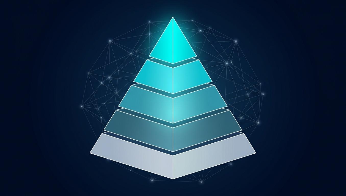 GEO Maturity Model 2026 hero — 5 katmanlı pyramid sembolü, alt katmanlar gri/lacivert (Aşama 1), üst katmanlar parlak turkuaz (Aşama 5), arka planda AI network mesh.