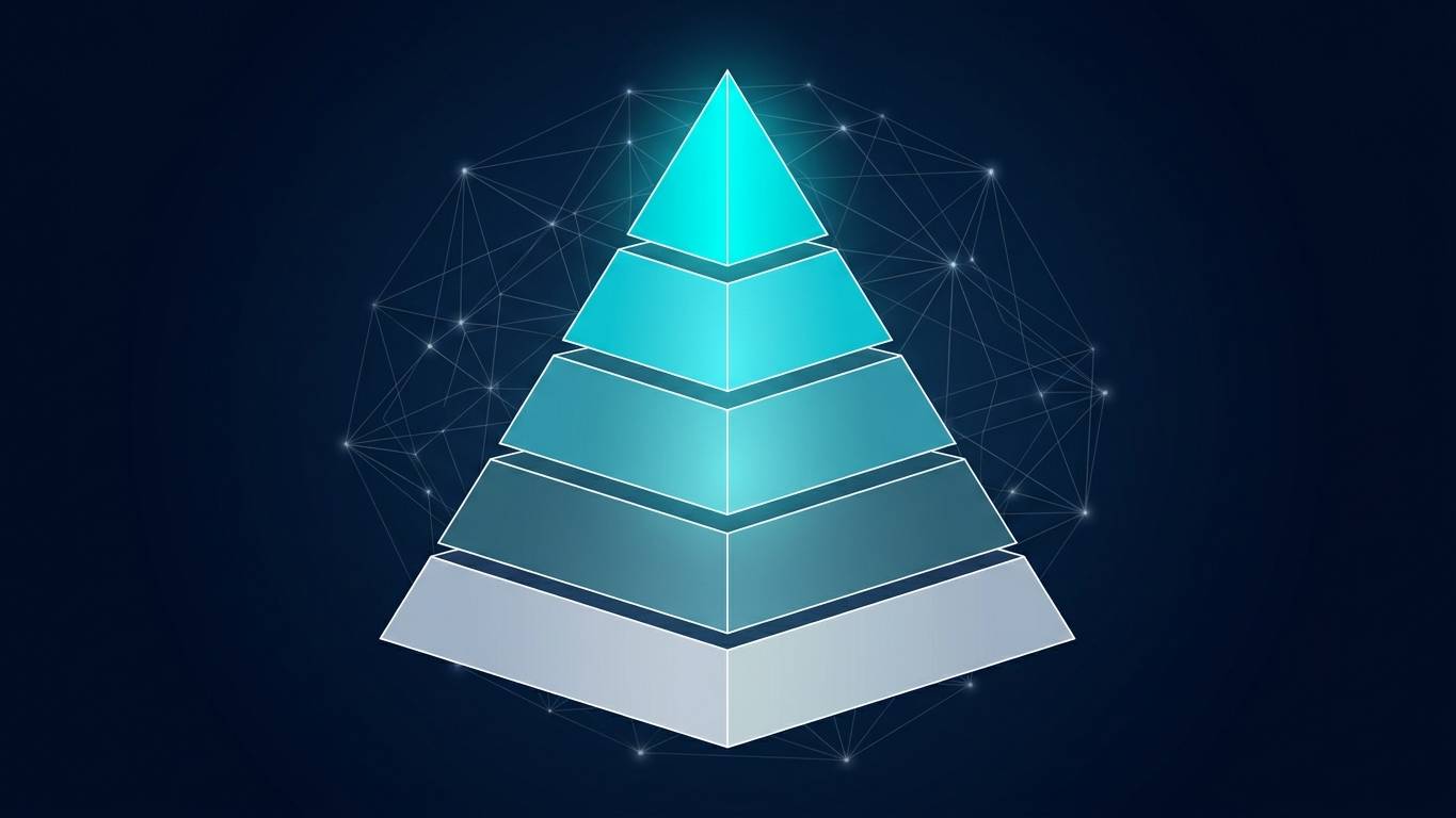 GEO Maturity Model 2026 hero — 5 katmanlı pyramid sembolü, alt katmanlar gri/lacivert (Aşama 1), üst katmanlar parlak turkuaz (Aşama 5), arka planda AI network mesh.