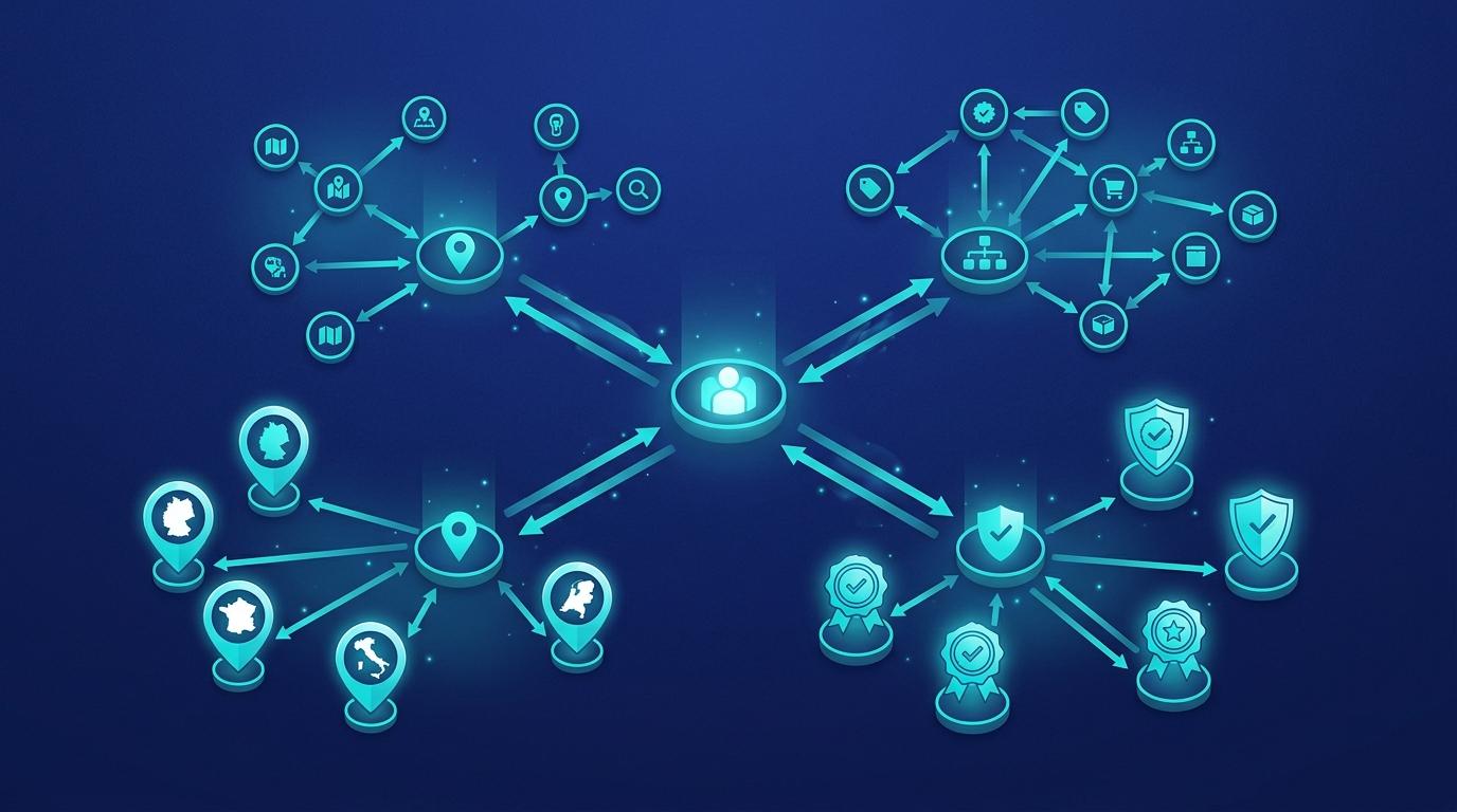 İhracat firma schema knowledge graph — Organization + Place + Offer Catalog + areaServed (AB ülke pinleri) + hasCredential sertifika rozeti