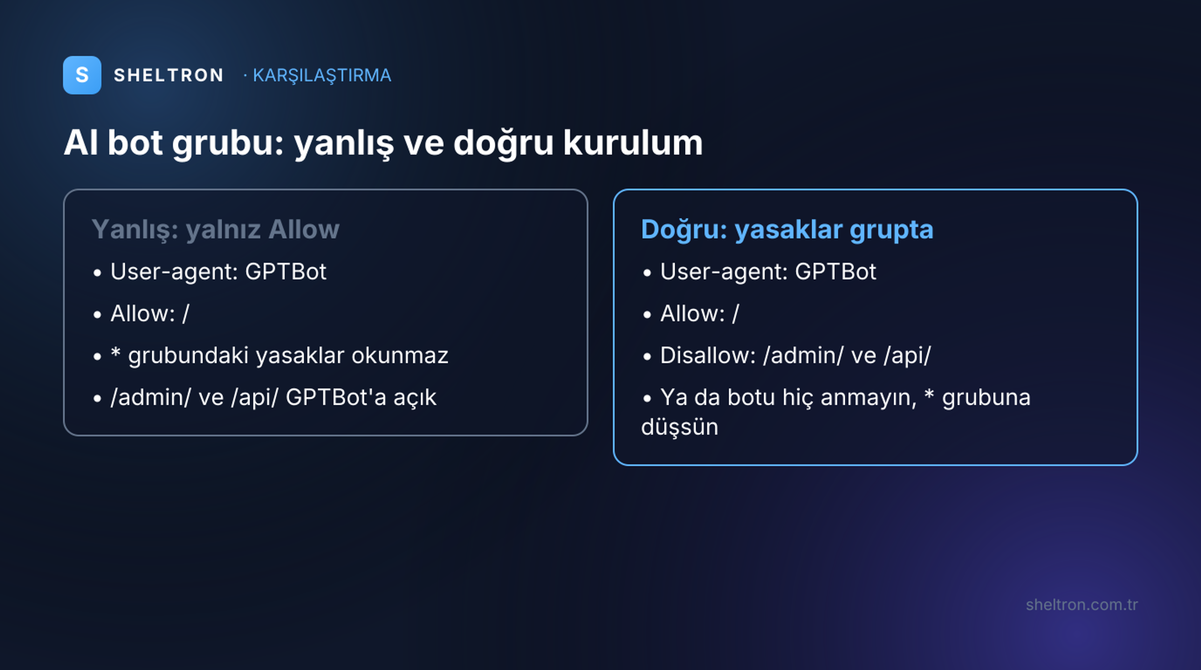 robots.txt'te AI botu için yalnız Allow yazılan yanlış grup ile yasakları gruba kopyalanan doğru grubun karşılaştırması