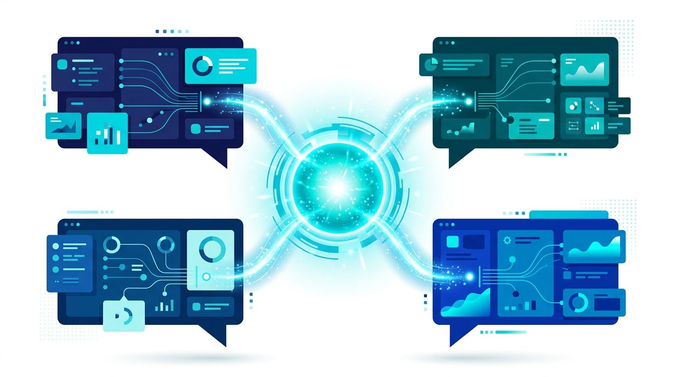 Multi-platform AI citation 2026 — ChatGPT, Gemini, Perplexity, Grok dört platformun merkez node etrafında atıflama akışı konsept illüstrasyonu