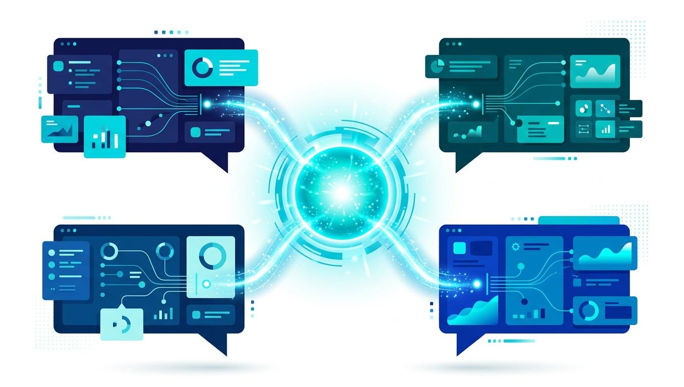 Multi-platform AI citation 2026 — ChatGPT, Gemini, Perplexity, Grok dört platformun merkez node etrafında atıflama akışı konsept illüstrasyonu