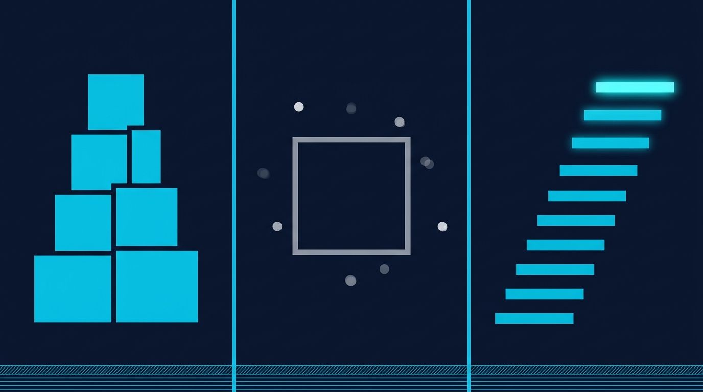 Yönetim danışmanlığı AI görünürlük 3 panel infografik: sol panelde Big4 dominasyon piramidi (4 dolu turkuaz blok), orta panelde niş firmaların görünmezliği (soluk çerçeve + saydam noktalar), sağ panelde 10 haftalık kademeli yükselen süreç çubukları