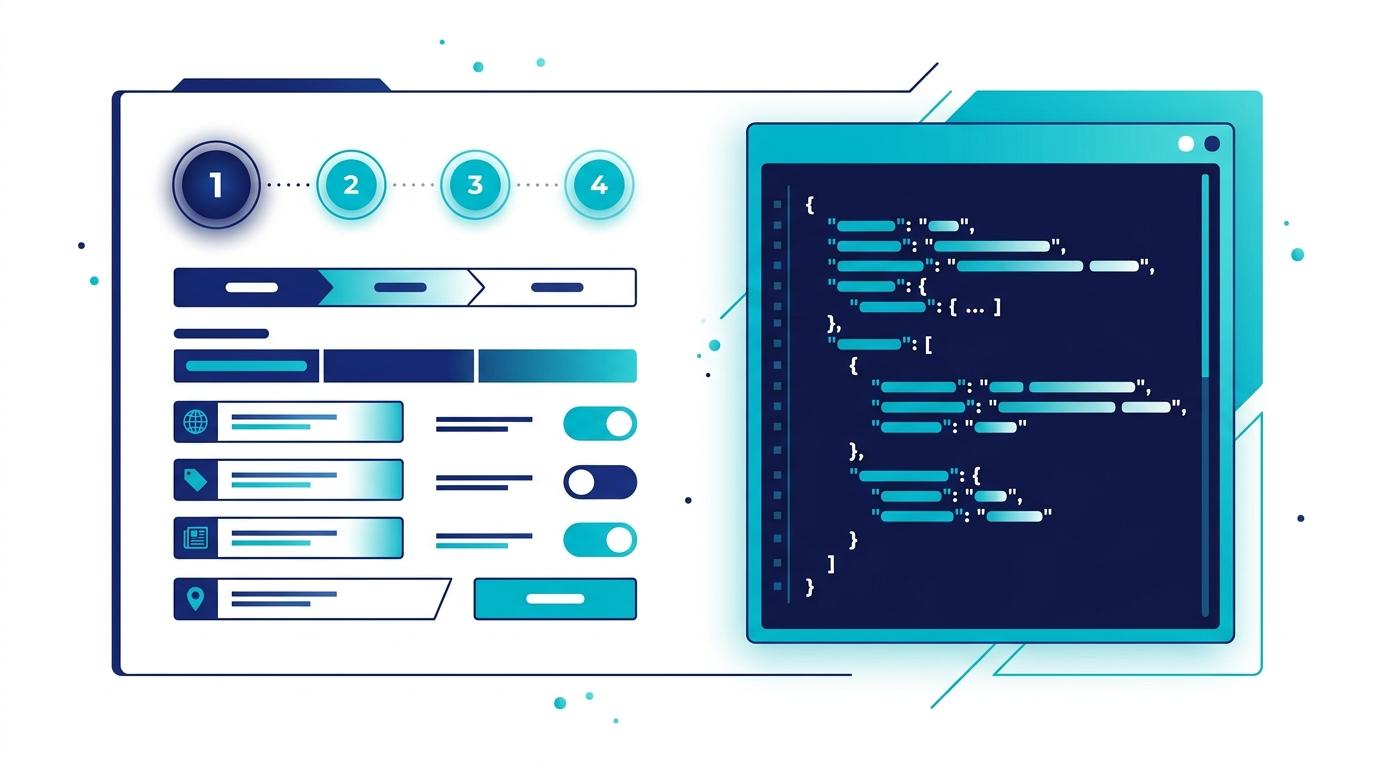 Sheltron Schema Markup Üreticisi form / wizard interface konsept illüstrasyonu adım göstergesi + generated JSON code