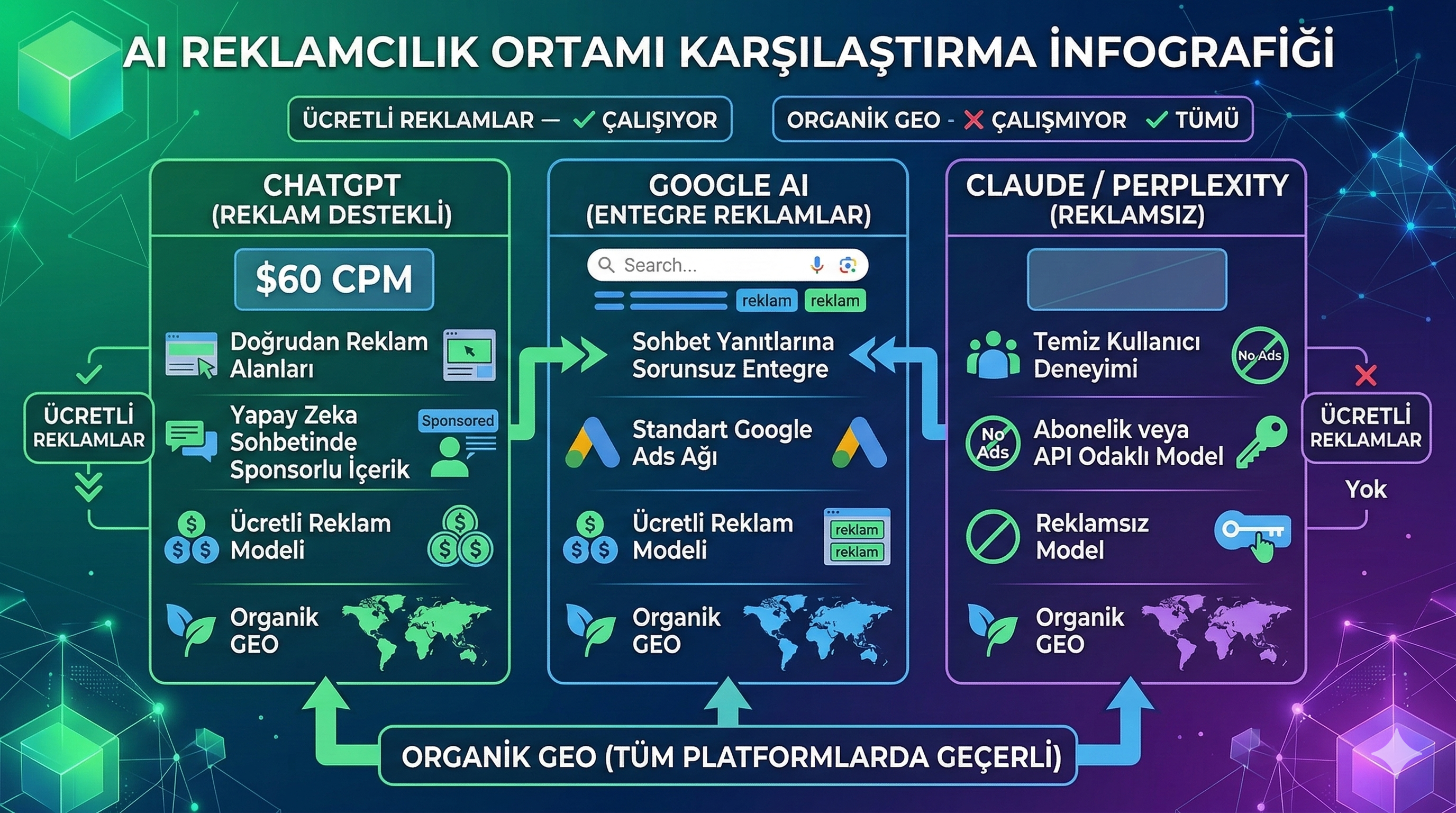 AI platformlari reklam modeli karsilastirmasi — ChatGPT Perplexity Claude Google