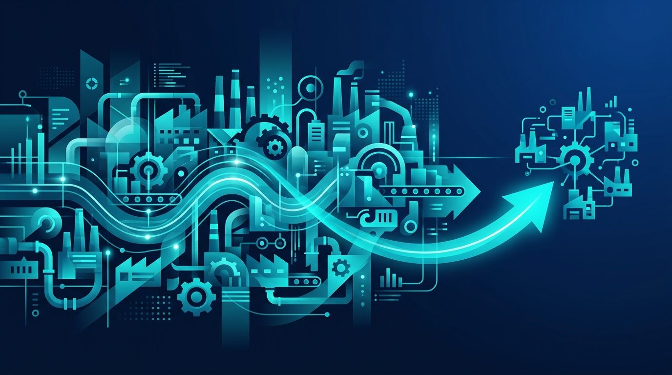 Mid-market manufacturing 250-1000 çalışan üretici AI görünürlük — orta ölçek üretim hattı ve dijital altyapı metaforu
