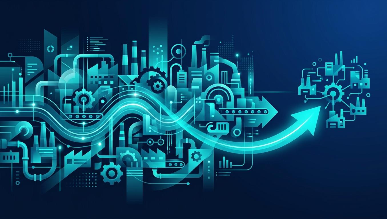 Mid-market manufacturing 250-1000 çalışan üretici AI görünürlük — orta ölçek üretim hattı ve dijital altyapı metaforu