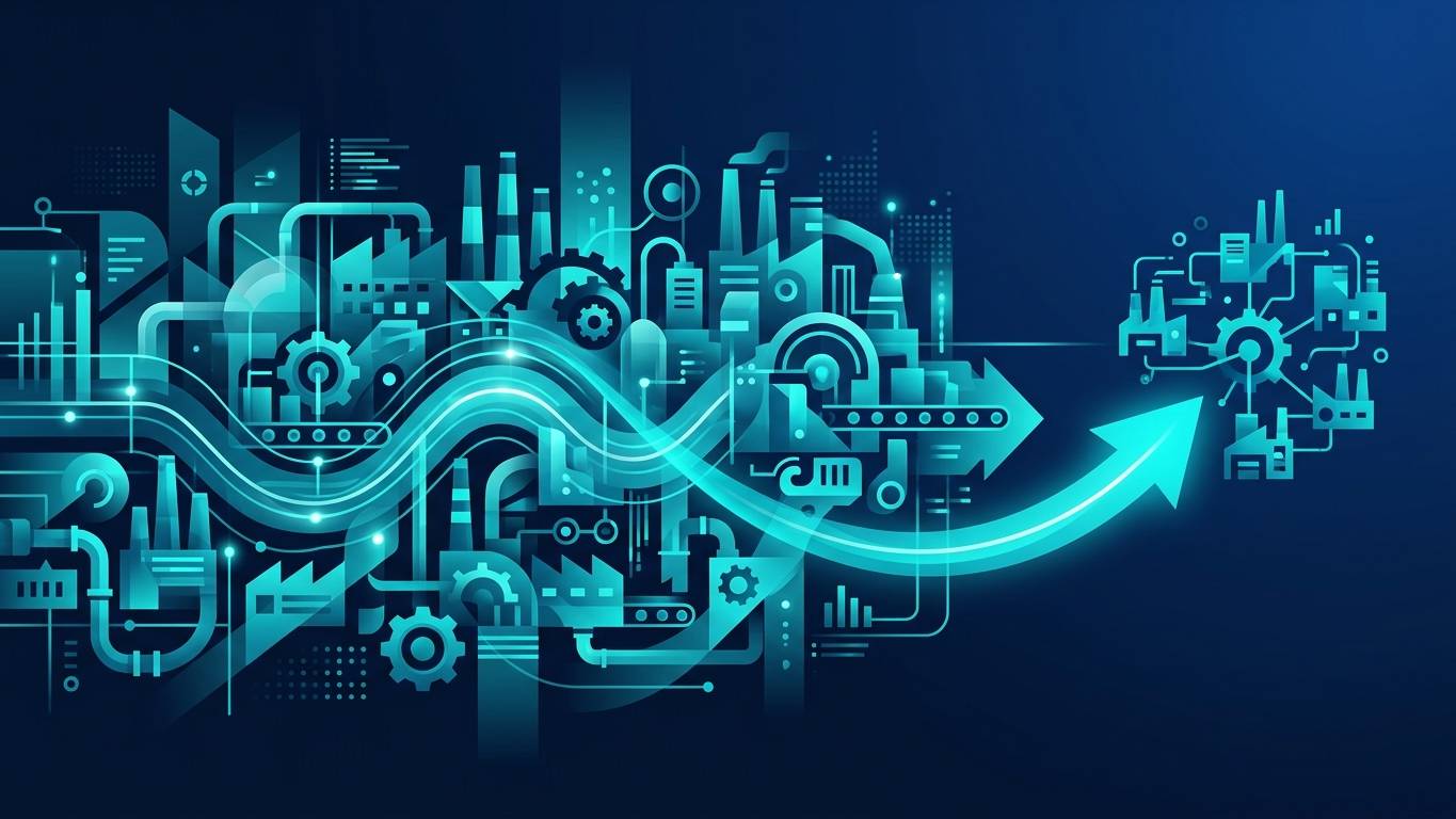 Mid-market manufacturing 250-1000 çalışan üretici AI görünürlük — orta ölçek üretim hattı ve dijital altyapı metaforu