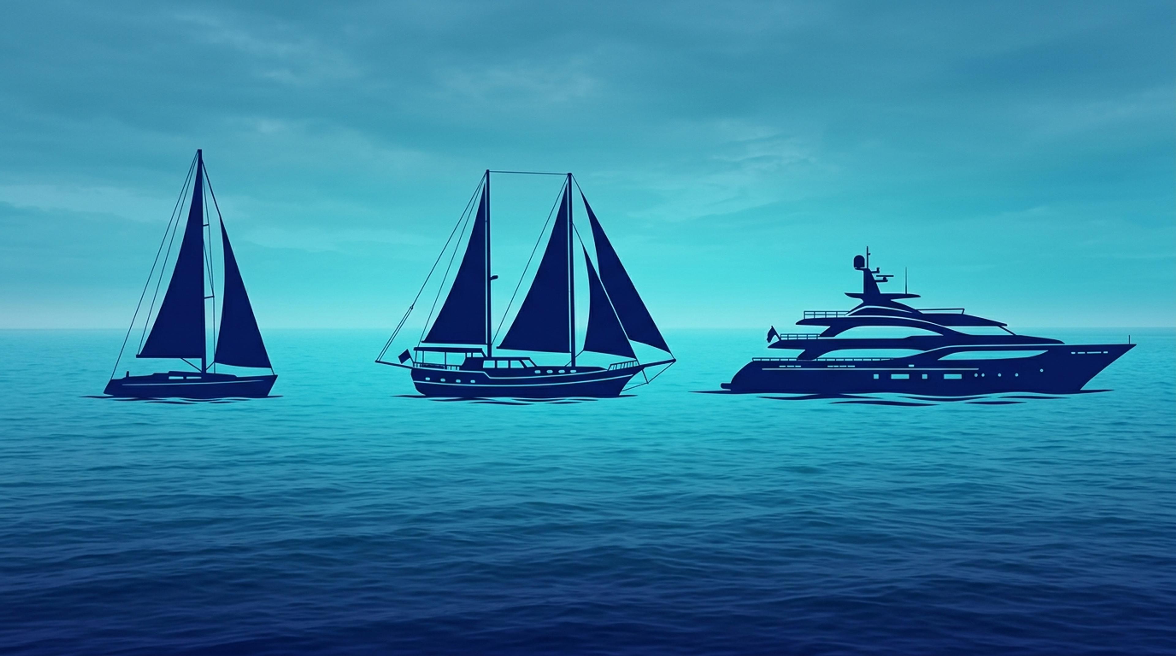 Charter pazarı üç sub-niş silueti — klasik ahşap gulet, bareboat yelken yat, lüks mega yat
