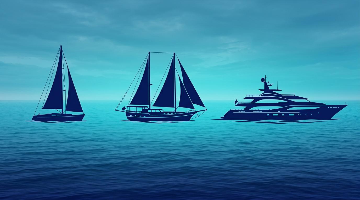 Charter pazarı üç sub-niş silueti — klasik ahşap gulet, bareboat yelken yat, lüks mega yat