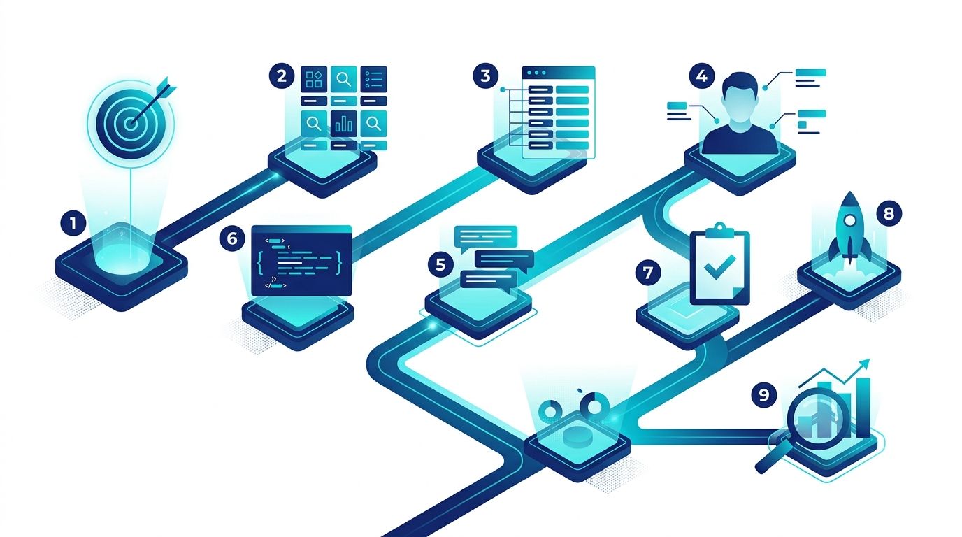 9 adımlık schema markup yolculuğu infografiği: hedef → tip → required → recommended → person → FAQ → JSON-LD → validate → deploy