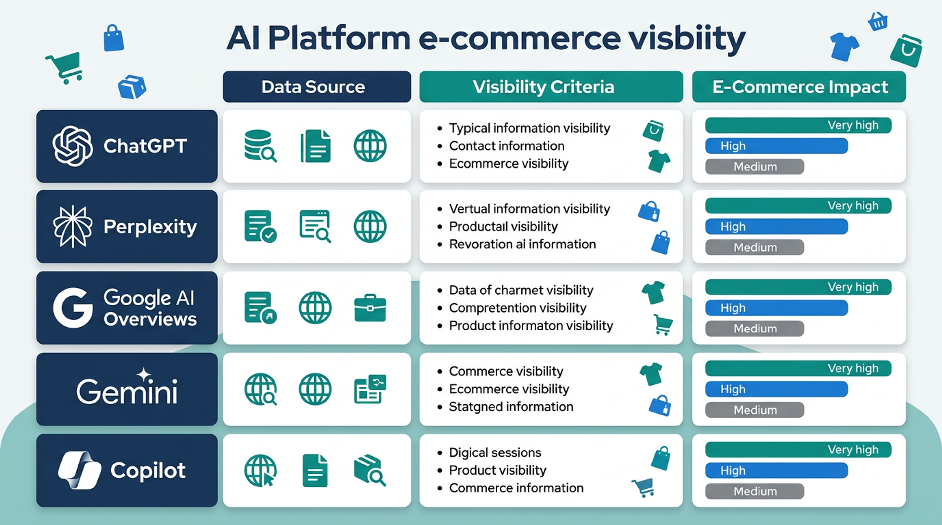 AI platformlarında e-ticaret görünürlük karşılaştırması — ChatGPT, Perplexity, Gemini, Copilot