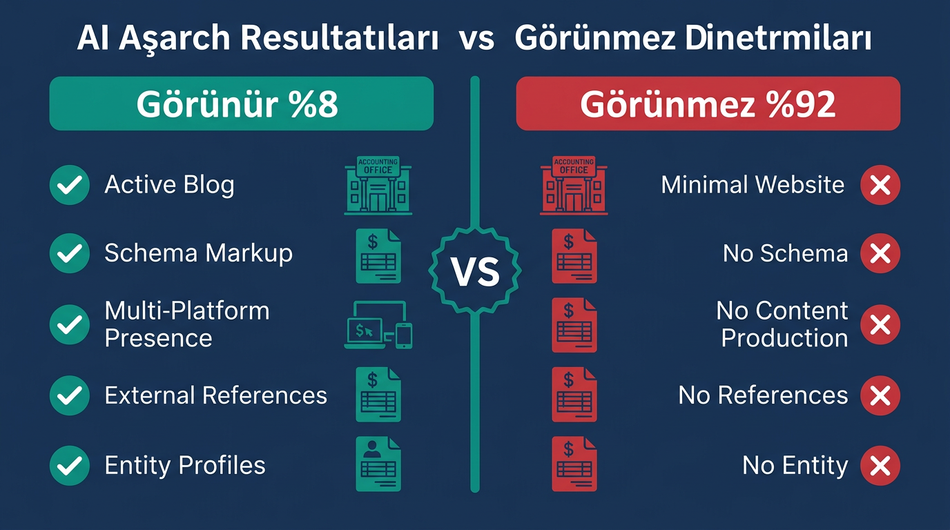YMM büroları karşılaştırma tablosu — ChatGPT'de görünür vs görünmez büroların farkları