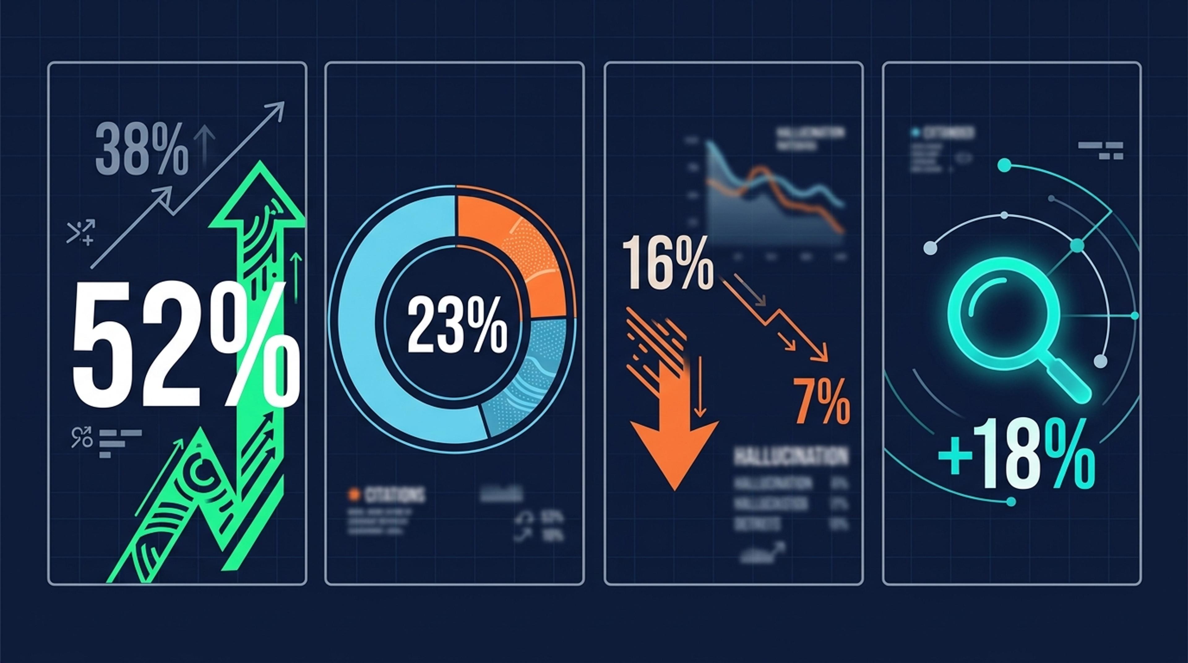 60 sorgu test bulguları dashboard — citation rate %38 dan %52 ye, Türk kaynak %23 donut, halüsinasyon %16 dan %7 ye, extended search +%18