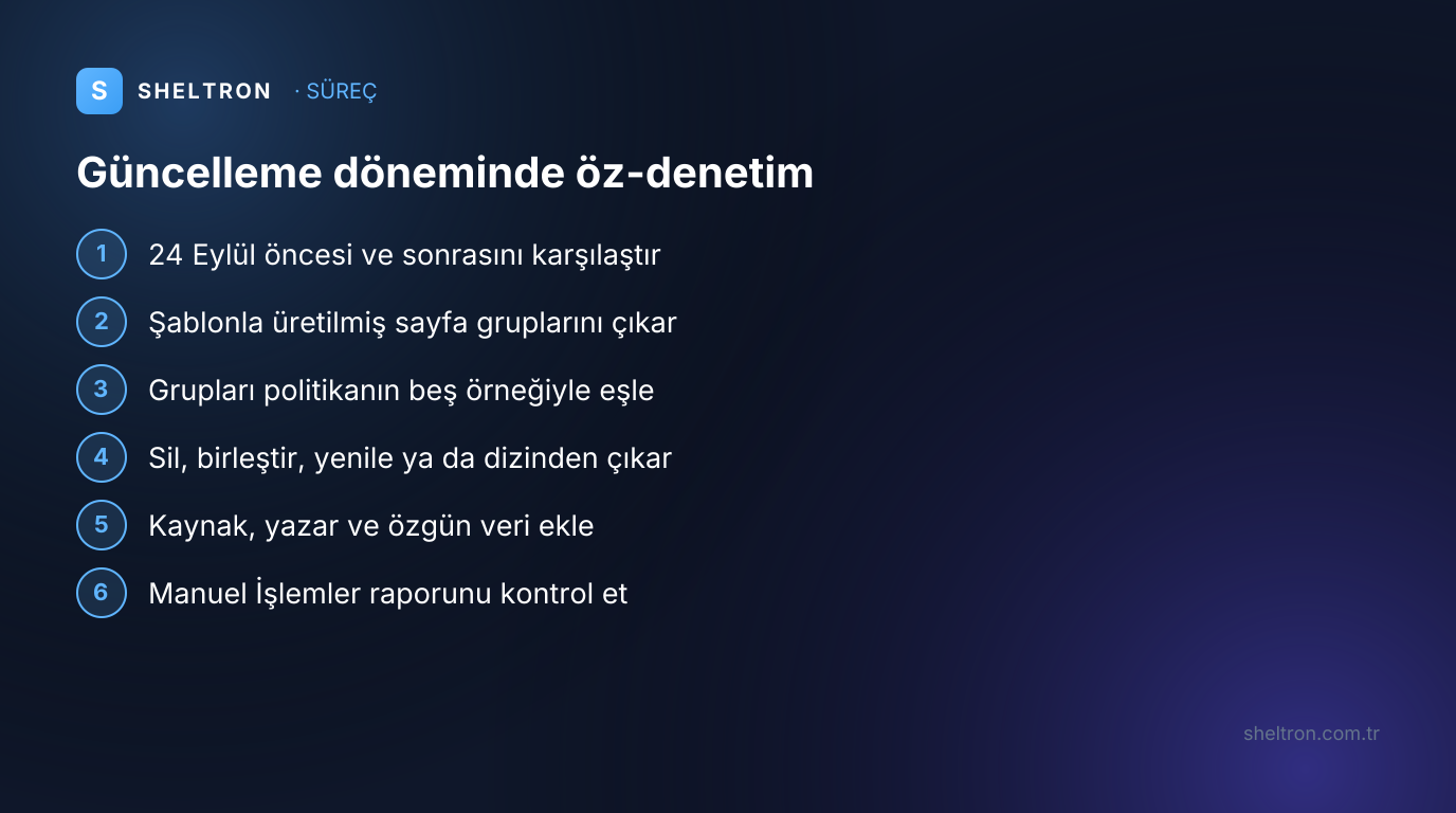 Ölçekli içerik üreten siteler için Eylül 2026 spam güncellemesi döneminde altı adımlık öz-denetim listesi
