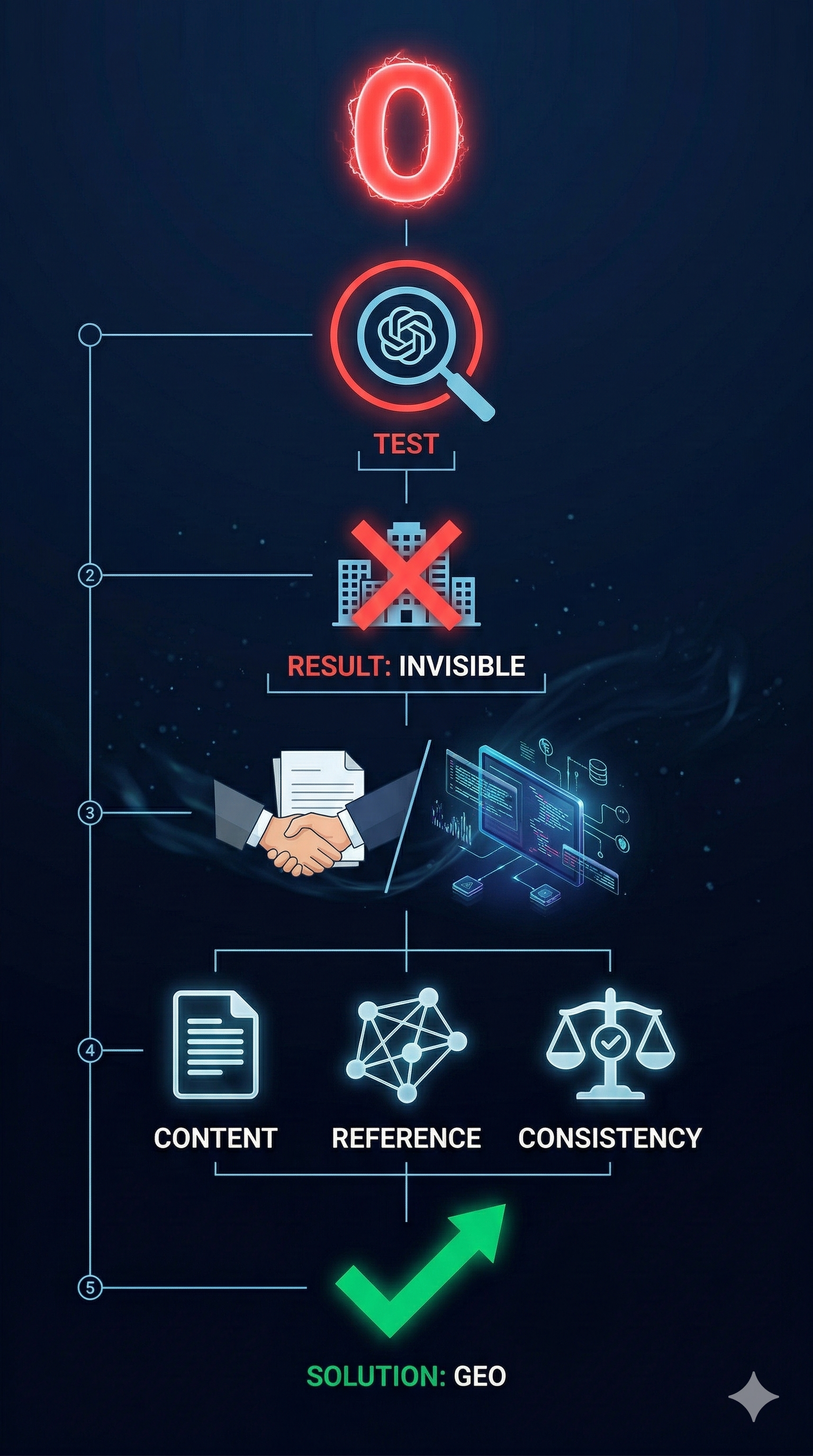 YMM büroları için GEO optimizasyon özet infografiği — ChatGPT görünürlük adımları ve 3 temel sinyal