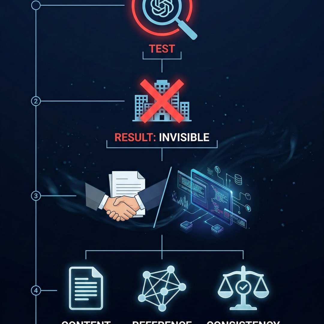 YMM büroları için GEO optimizasyon özet infografiği — ChatGPT görünürlük adımları ve 3 temel sinyal