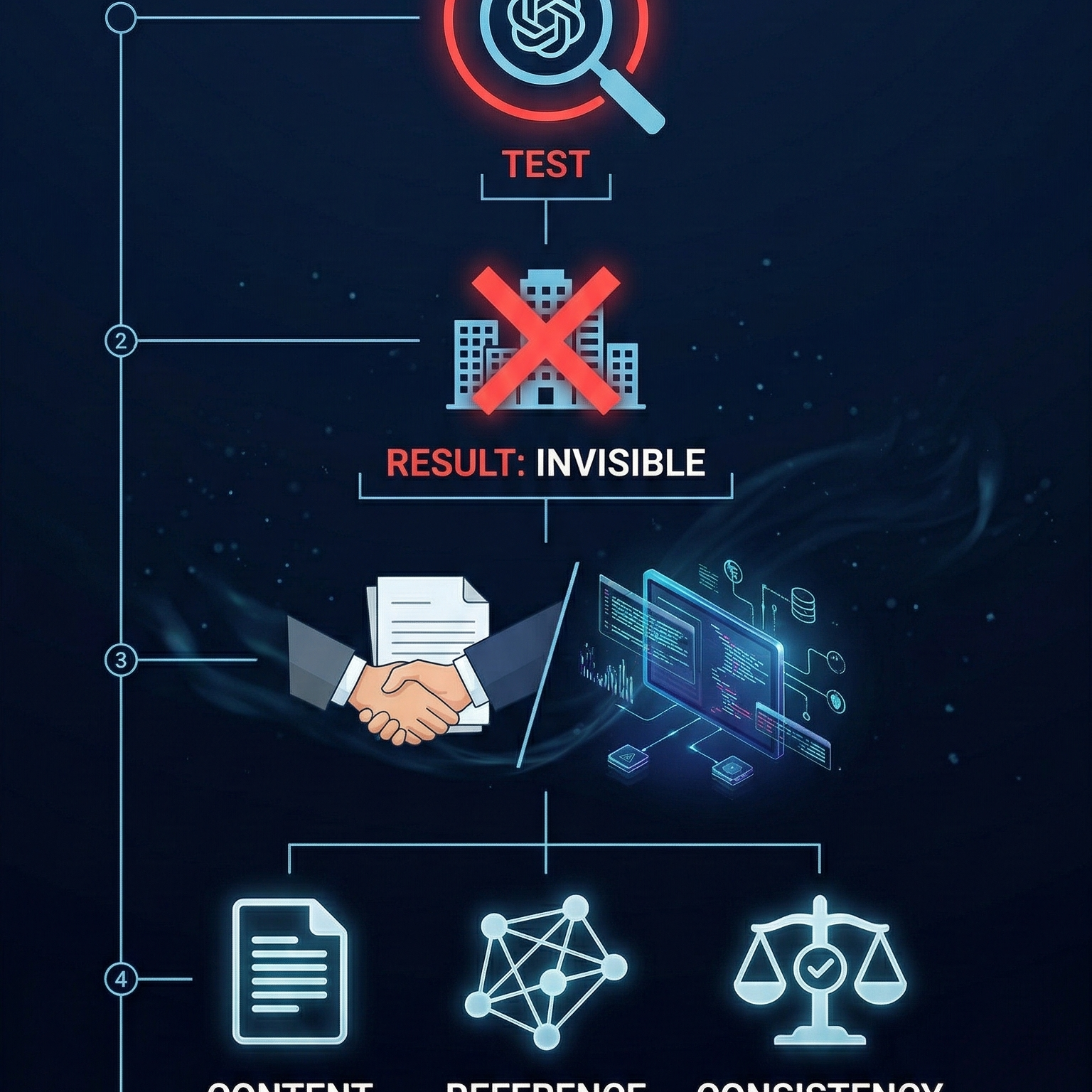 YMM büroları için GEO optimizasyon özet infografiği — ChatGPT görünürlük adımları ve 3 temel sinyal