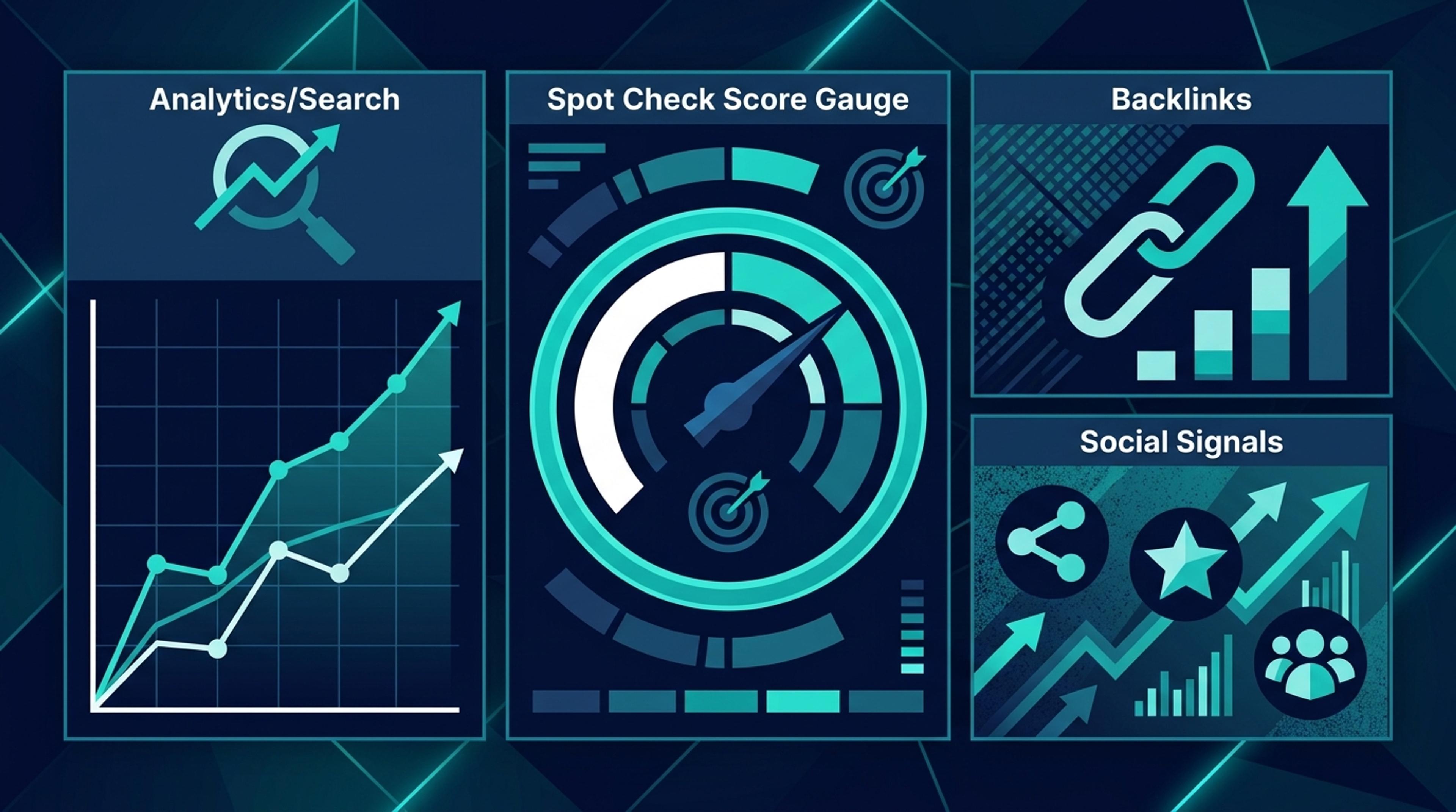 Refresh sonrası üç katmanlı ölçüm dashboard — Search Console line chart, Spot Check skor gauge, backlink + sosyal sinyal