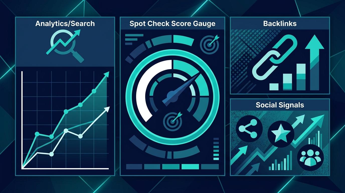 Refresh sonrası üç katmanlı ölçüm dashboard — Search Console line chart, Spot Check skor gauge, backlink + sosyal sinyal