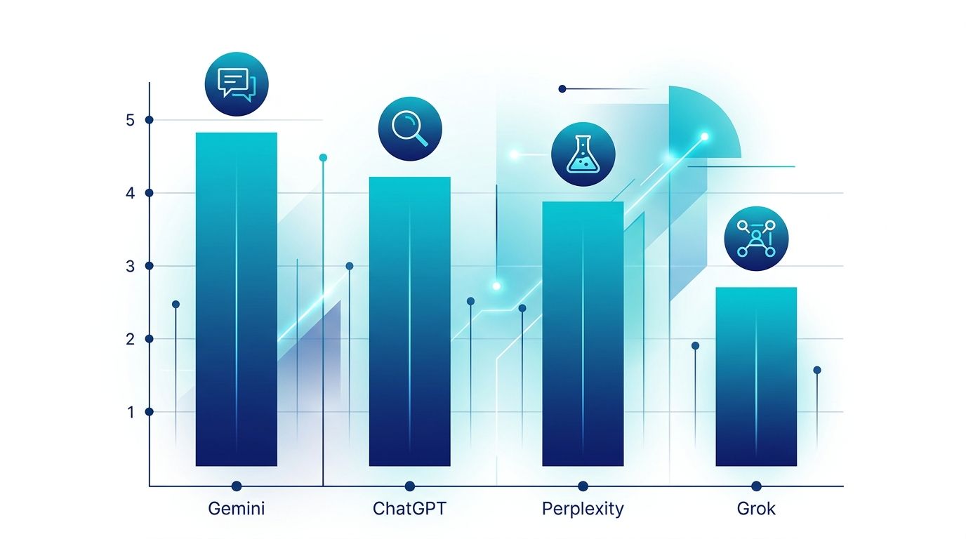 4 platform mention rate karşılaştırma bar chart: Gemini %48, ChatGPT %42, Perplexity %39, Grok %27