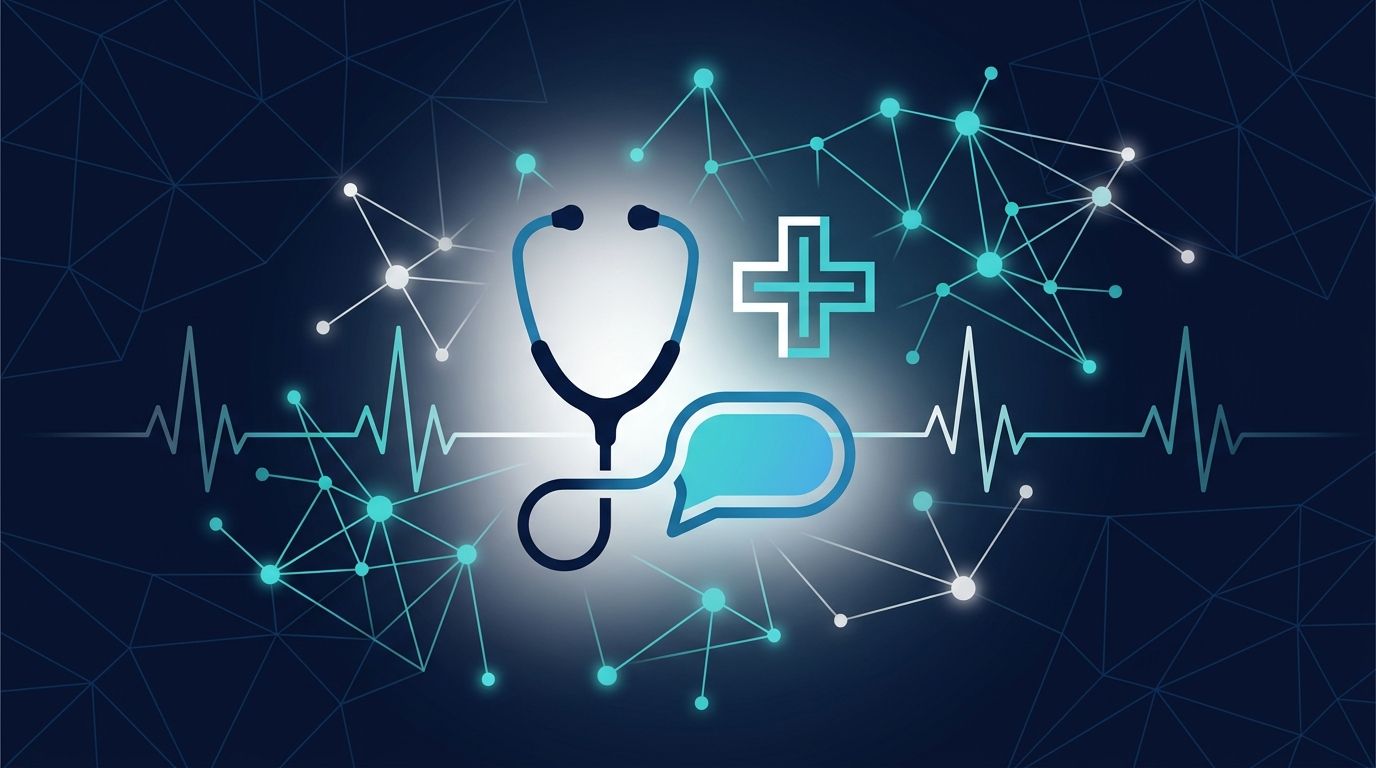 Sağlık YMYL AI görünürlük kavramsal görseli: soyut stetoskop chat balonu medical cross AI network