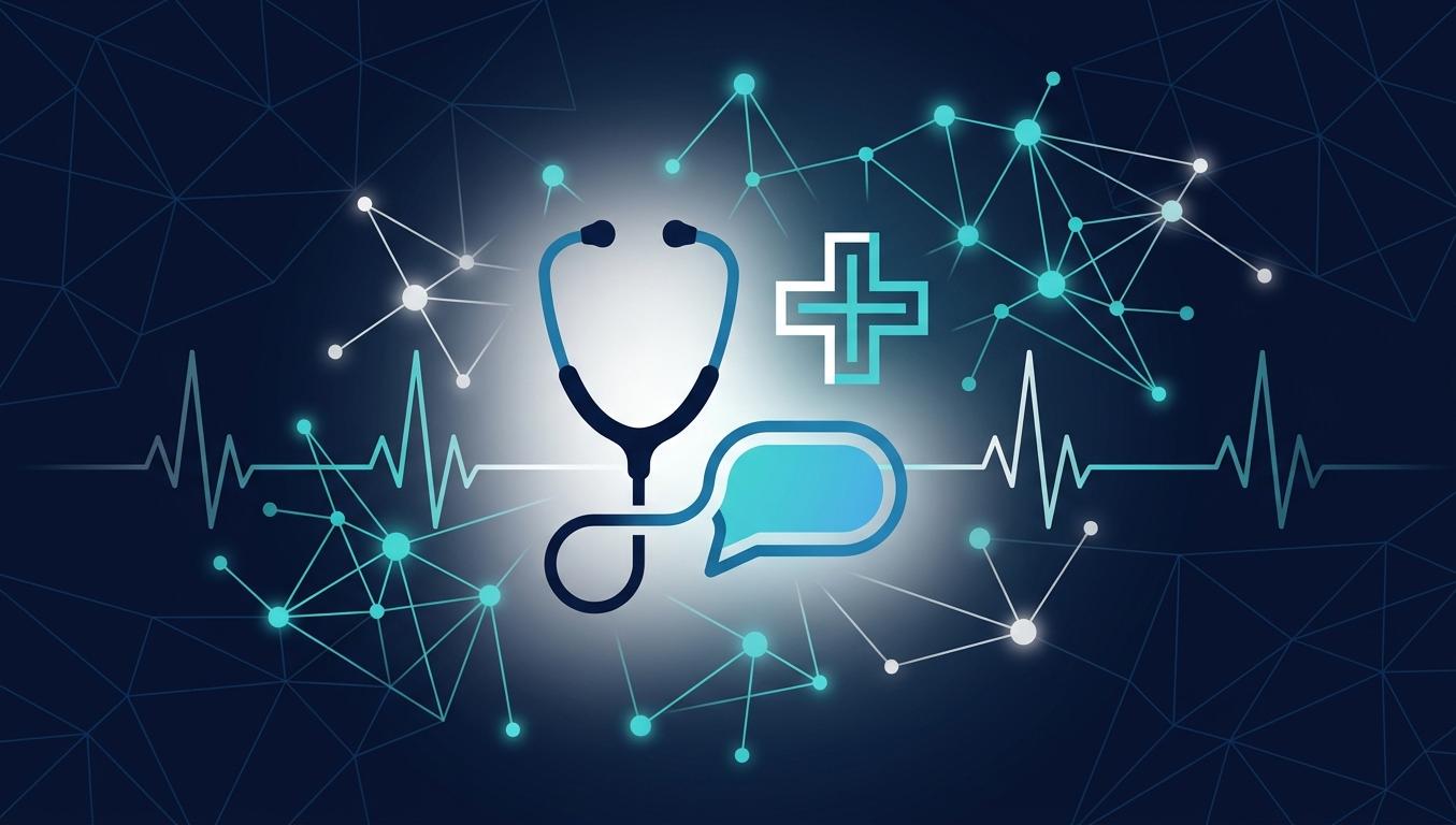 Sağlık YMYL AI görünürlük kavramsal görseli: soyut stetoskop chat balonu medical cross AI network