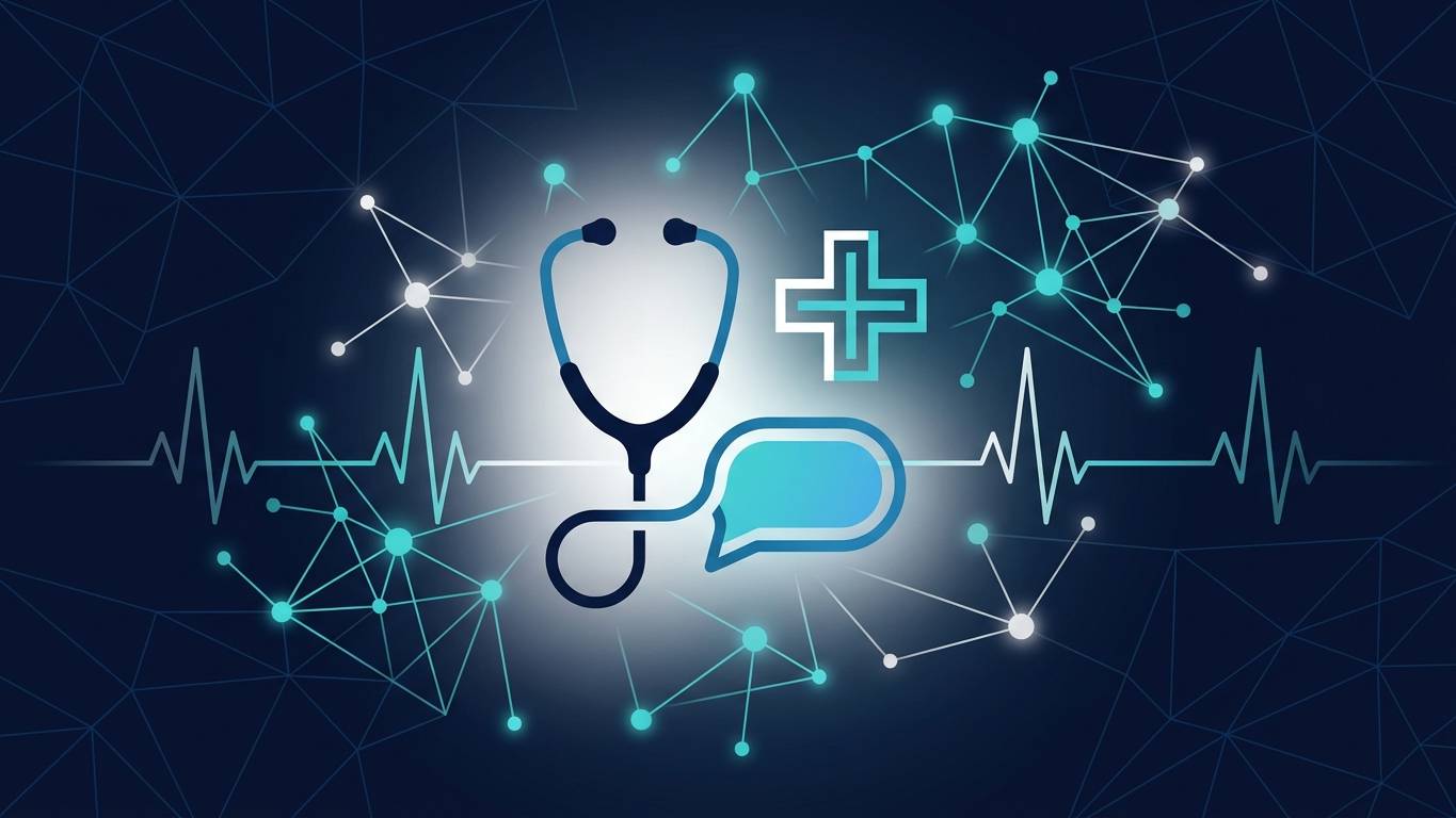 Sağlık YMYL AI görünürlük kavramsal görseli: soyut stetoskop chat balonu medical cross AI network
