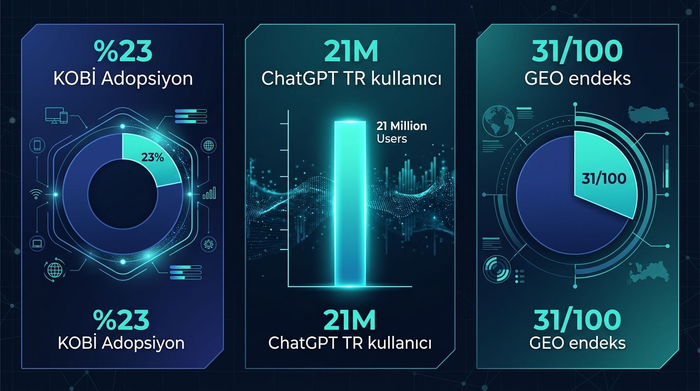 3 panel Mayıs 2026 istatistik: yüzde 23 KOBİ adopsiyon, 21 milyon ChatGPT TR haftalık kullanıcı, 31/100 GEO endeks ortalaması