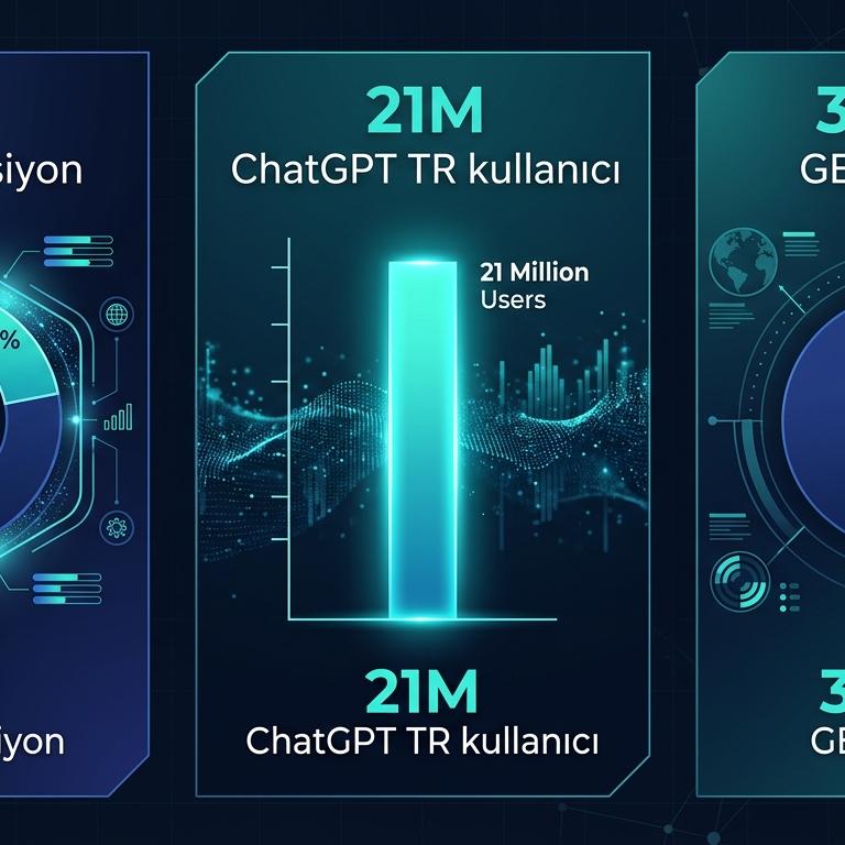 3 panel Mayıs 2026 istatistik: yüzde 23 KOBİ adopsiyon, 21 milyon ChatGPT TR haftalık kullanıcı, 31/100 GEO endeks ortalaması