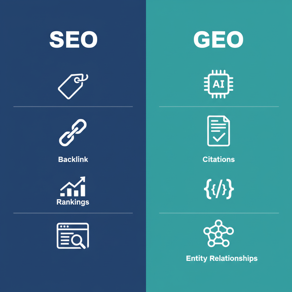SEO ve GEO karşılaştırma diyagramı — geleneksel arama vs AI arama motorları