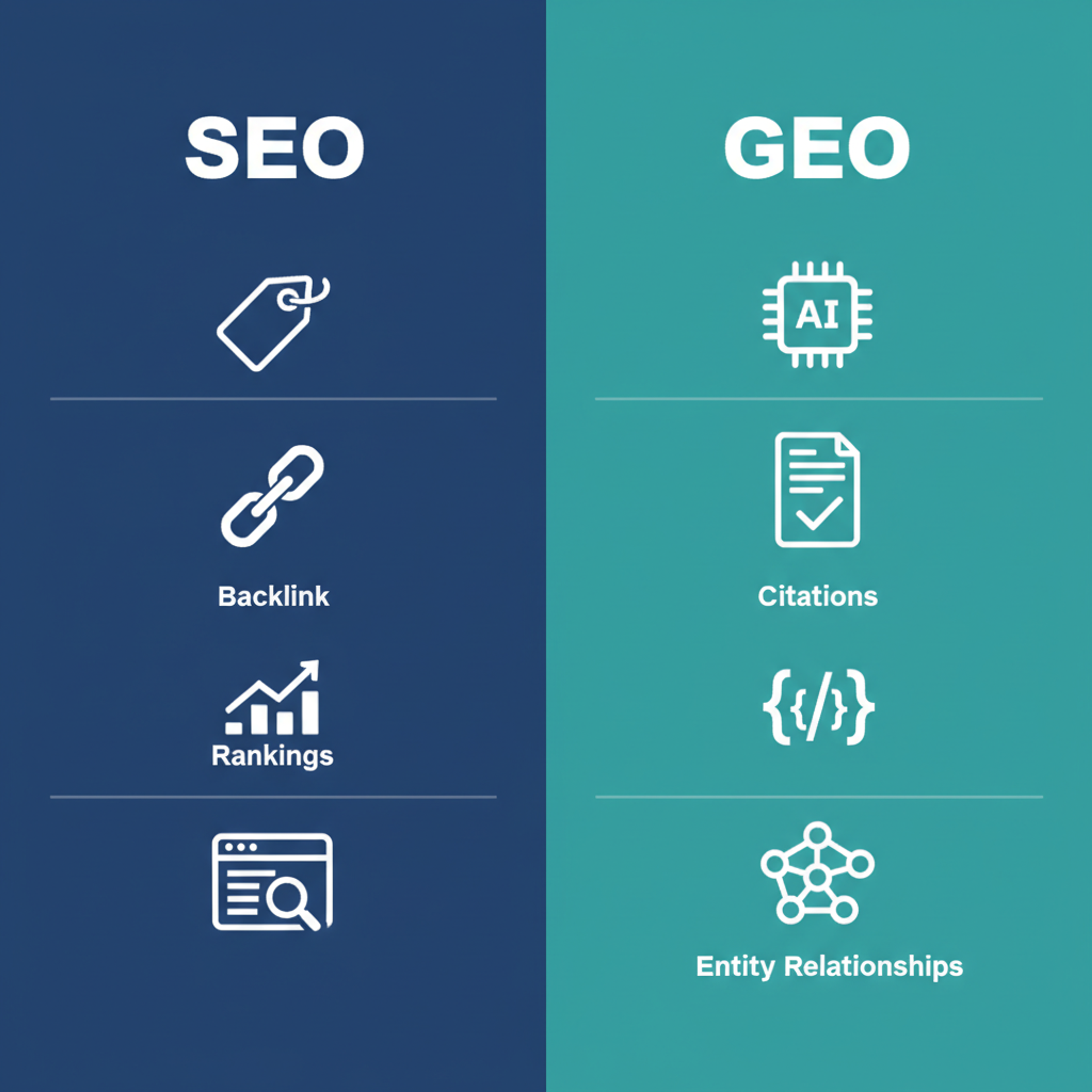 SEO ve GEO karşılaştırma diyagramı — geleneksel arama vs AI arama motorları