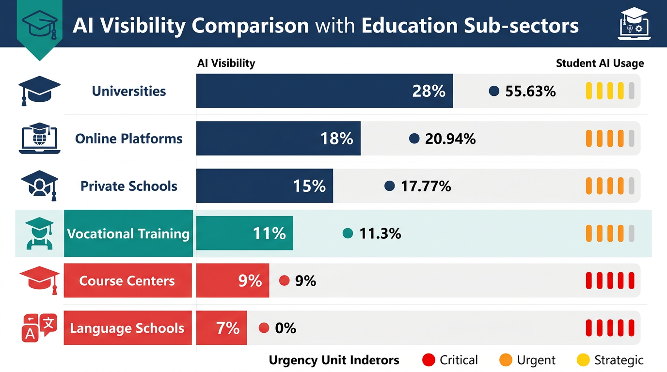 Eğitim alt segmentlerinde AI görünürlük karşılaştırması — özel okul, kurs, üniversite