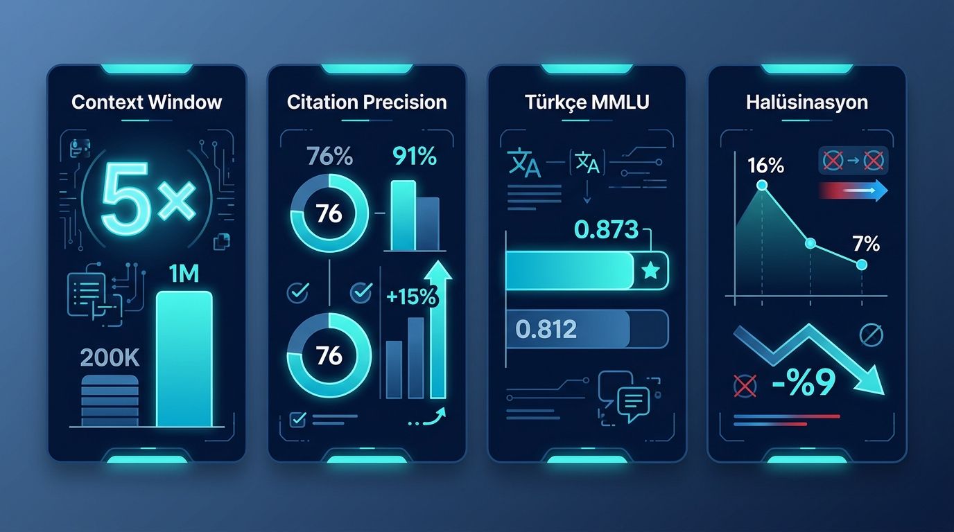 Claude 5 Sonnet vs Sonnet 4.6 4 panel infografik — context 5×, citation +%15, MMLU iyileşme, halüsinasyon -%9