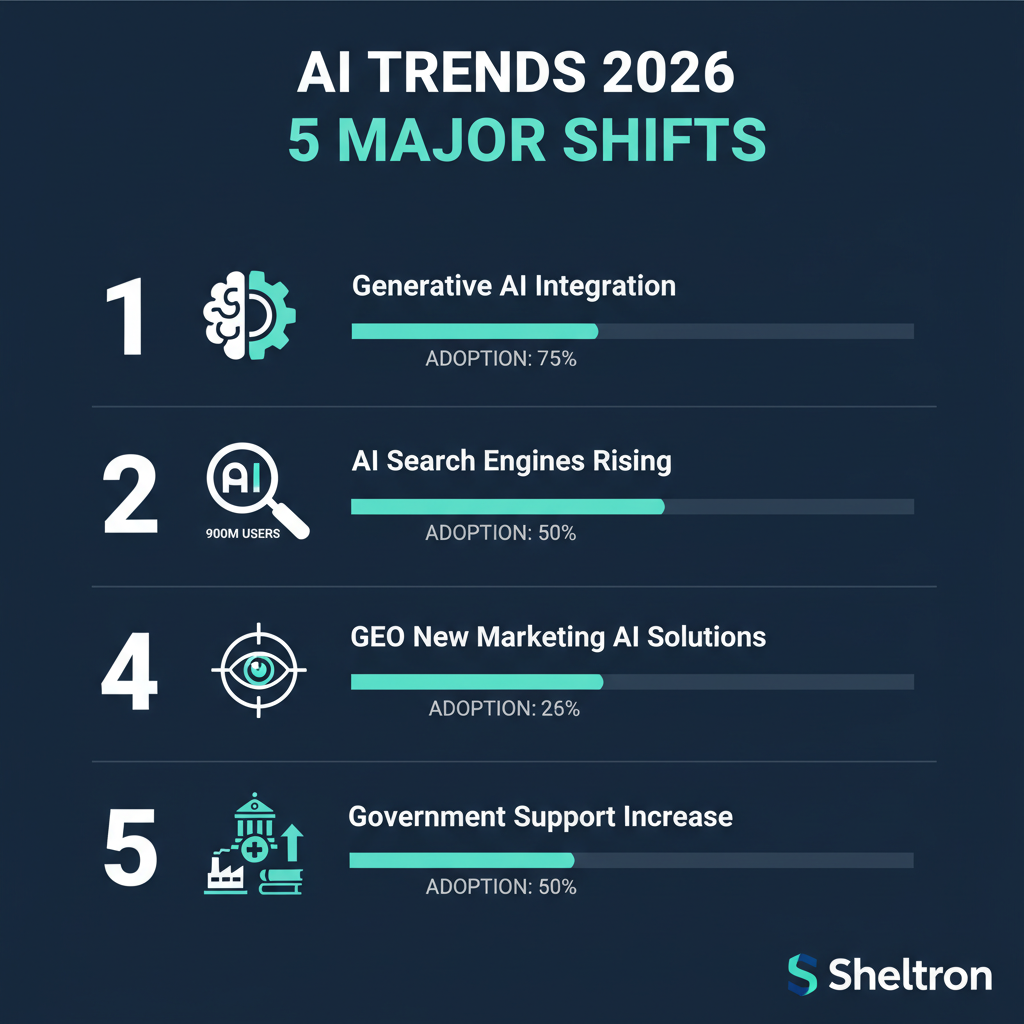 2026'nın 5 büyük yapay zeka trendi — Generative AI, AI arama, GEO, sektörel çözümler, devlet destekleri