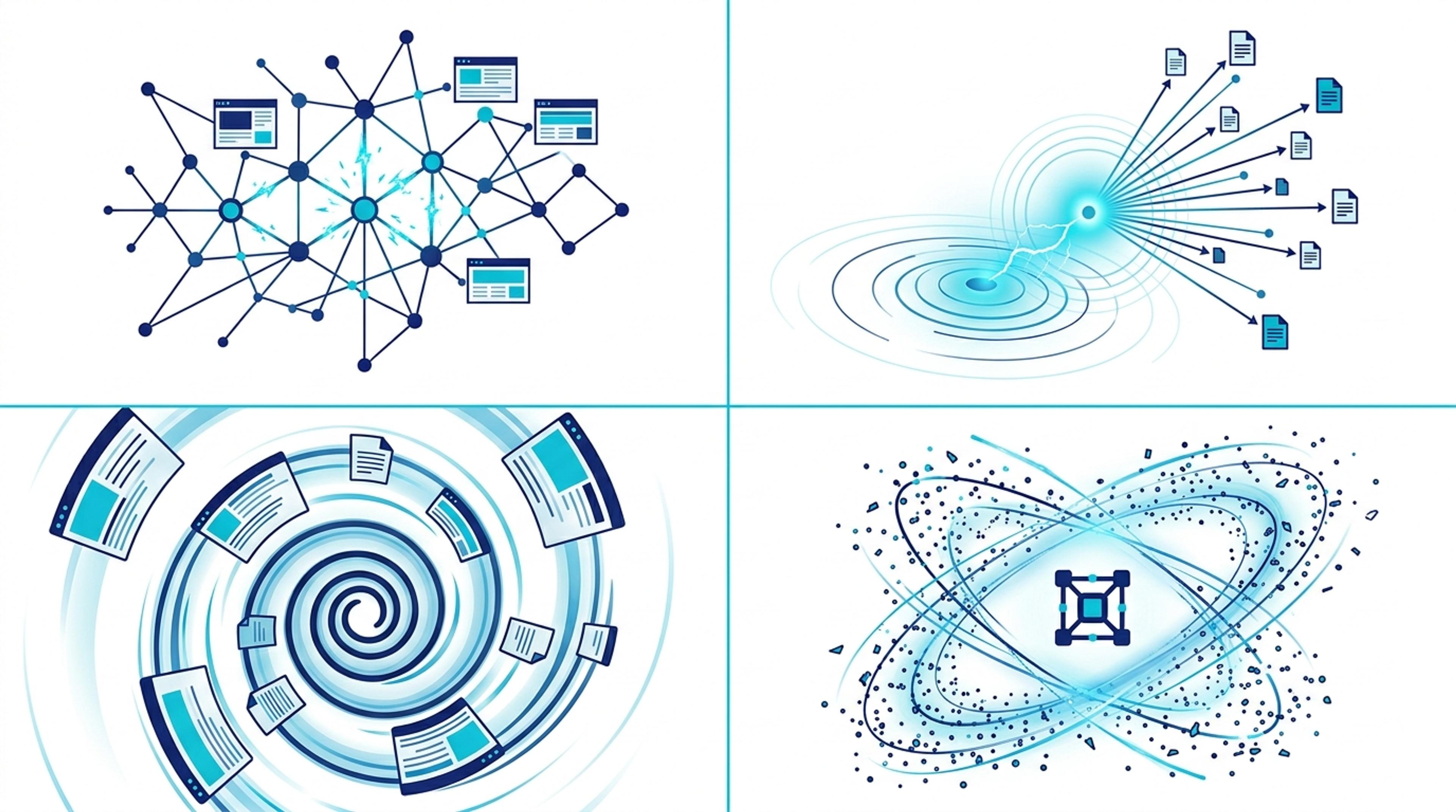 ChatGPT, Gemini, Perplexity, Grok platformlarının farklı retrieval mantığını gösteren 4-quadrant illüstrasyon