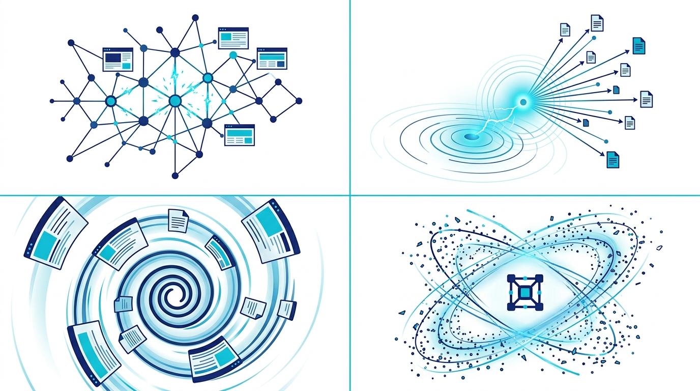 ChatGPT, Gemini, Perplexity, Grok platformlarının farklı retrieval mantığını gösteren 4-quadrant illüstrasyon