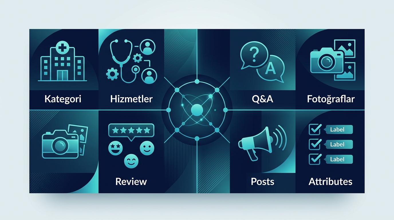 Sağlık kliniği GBP 7 zorunlu alan grid — kategori, hizmetler, Q&A, foto, review, posts, attributes