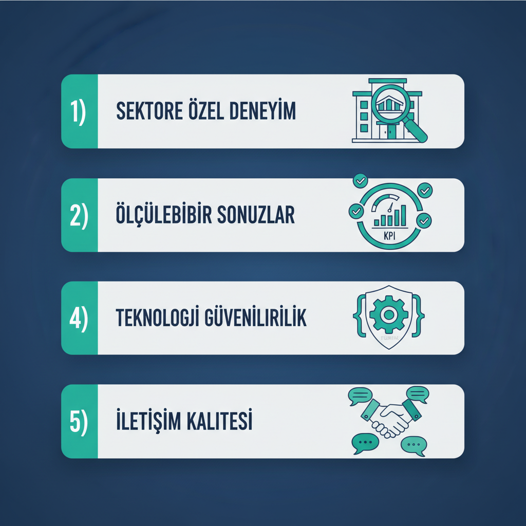 Yapay zeka firması seçim kriterleri: sektör deneyimi, ölçülebilir sonuçlar, teknoloji, güvenilirlik, iletişim