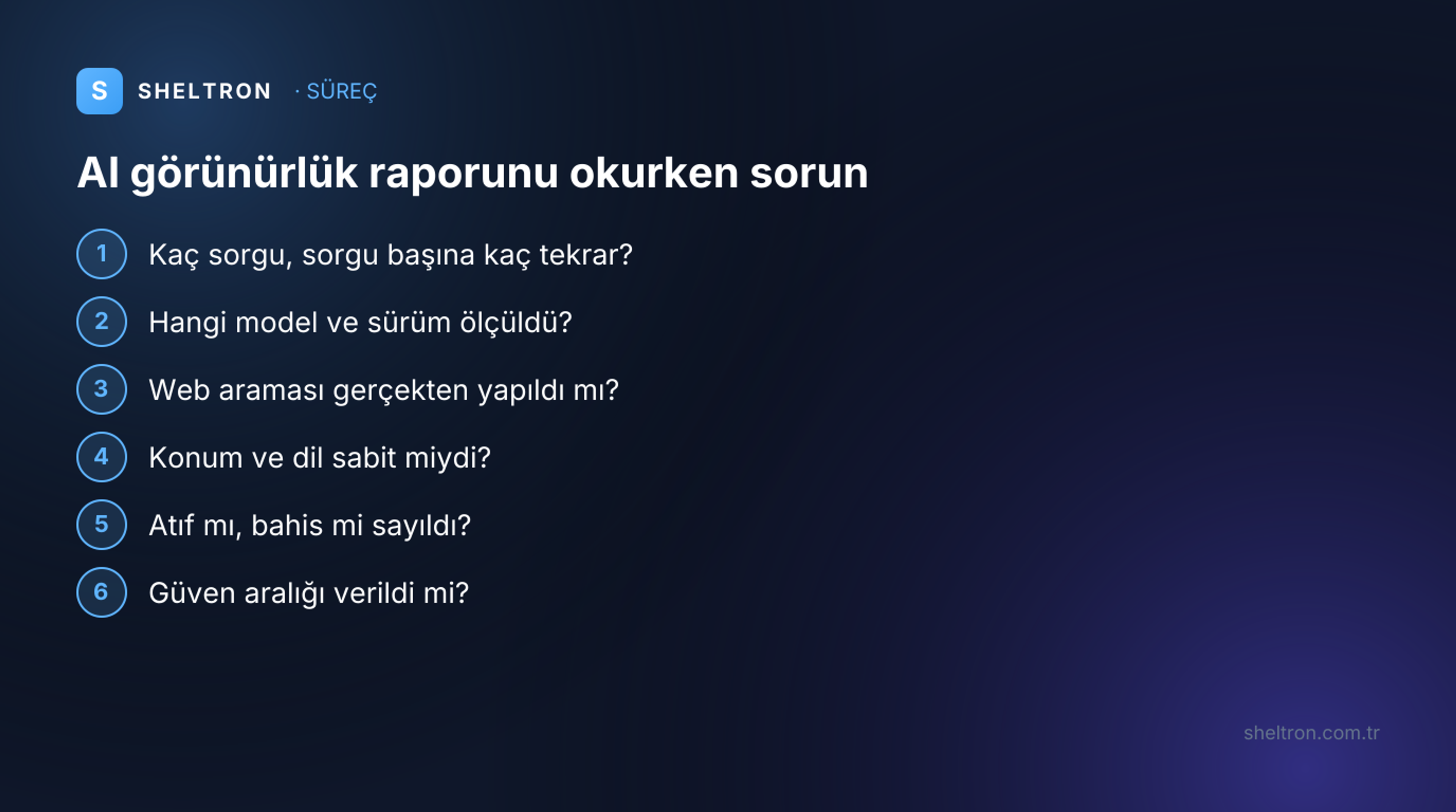 Bir AI görünürlük raporunu okurken sorulacak soruları sıralayan adım görseli