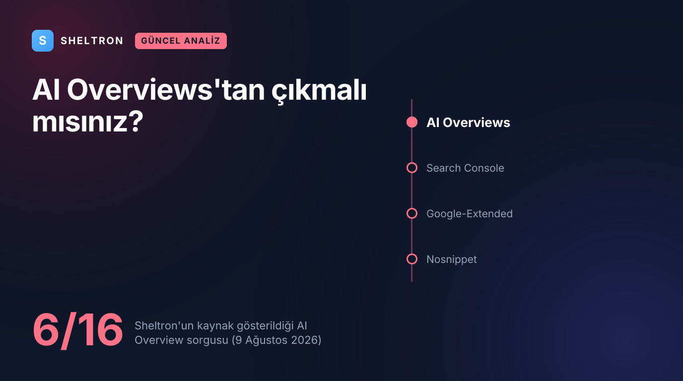Google AI Overviews opt-out kararı: Search Console'daki Arama üretken yapay zeka kontrolü ve Sheltron'un 16 AI Overview sorgusunun 6'sında kaynak gösterildiği veri