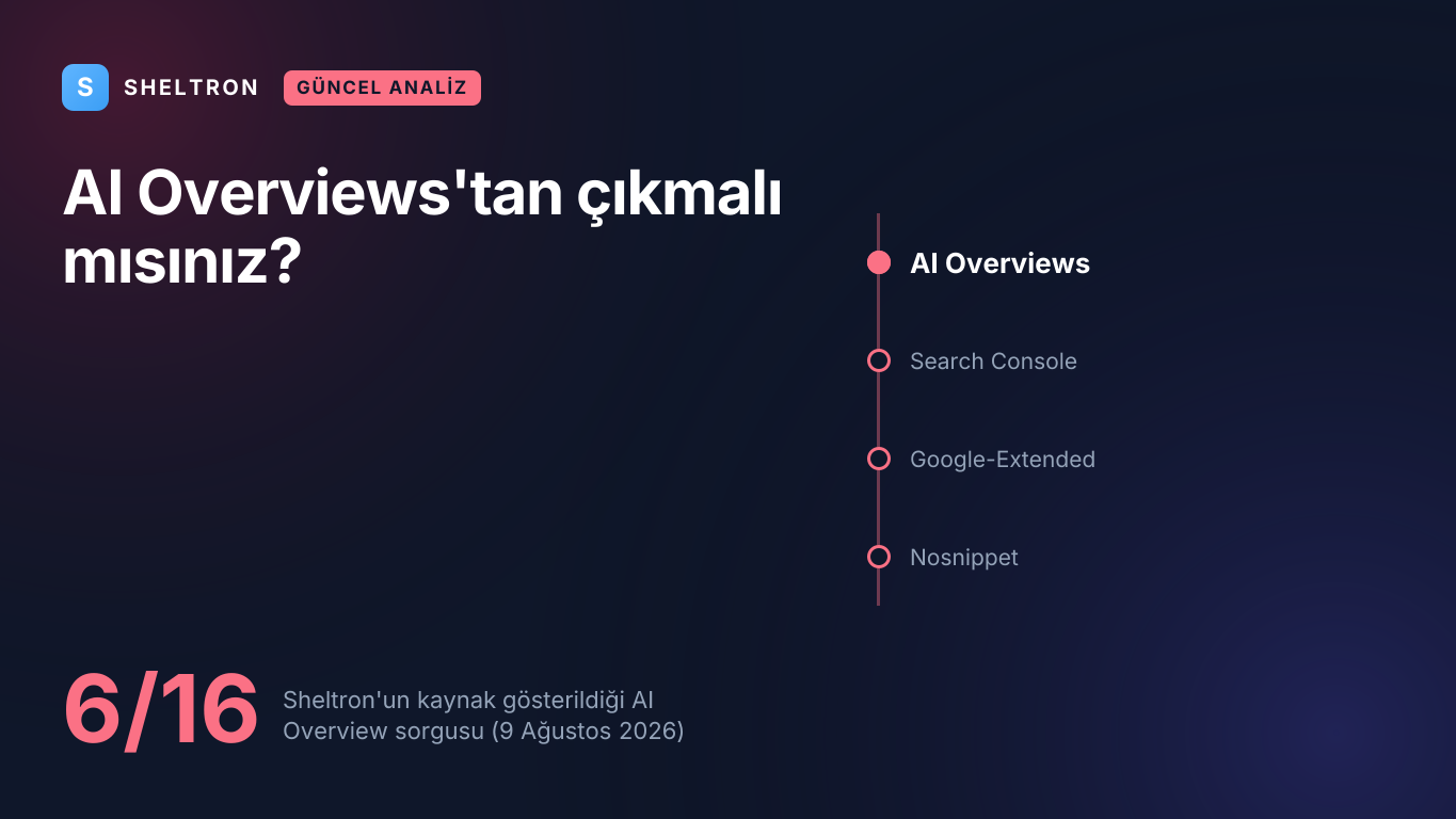 Google AI Overviews opt-out kararı: Search Console'daki Arama üretken yapay zeka kontrolü ve Sheltron'un 16 AI Overview sorgusunun 6'sında kaynak gösterildiği veri
