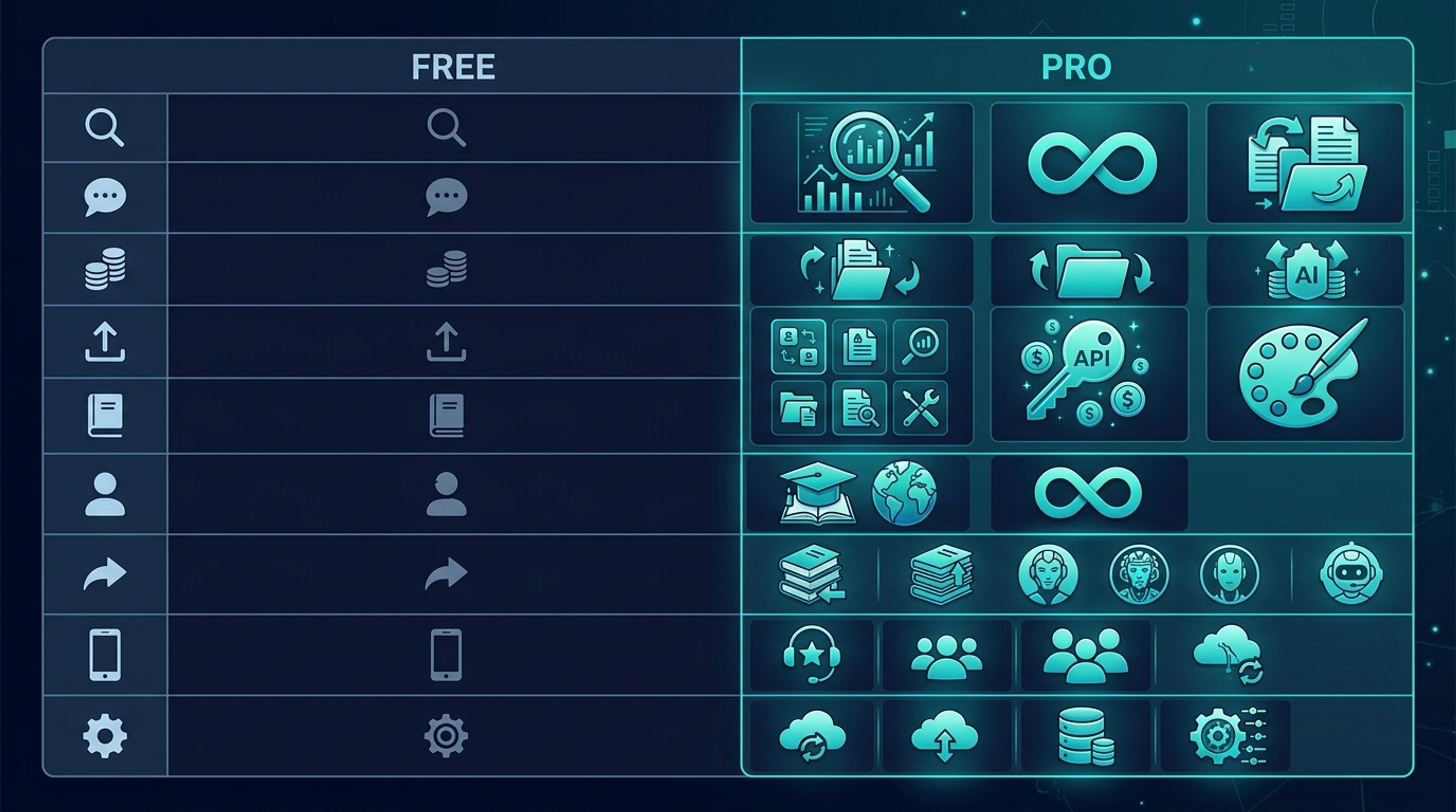 Perplexity özellik matrisi — Free sade ikonlar vs Pro zengin file upload + Spaces + API + DALL-E + akademik + unlimited ikonları