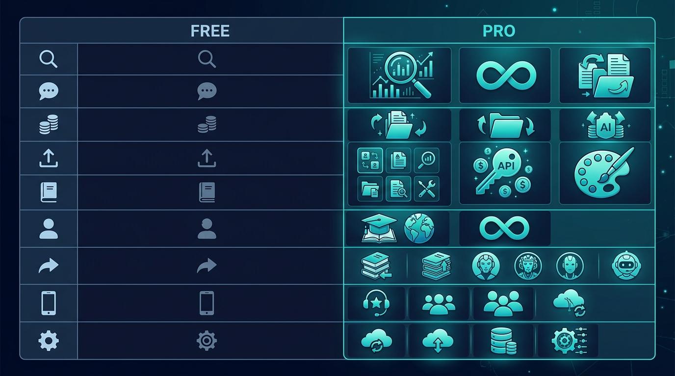 Perplexity özellik matrisi — Free sade ikonlar vs Pro zengin file upload + Spaces + API + DALL-E + akademik + unlimited ikonları
