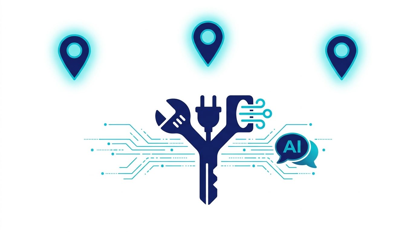 Tesisatçı elektrikçi klima servis ikonları AI chat balonuna turkuaz veri çizgileriyle bağlı, Google Maps pin yerel AI görünürlük temsili