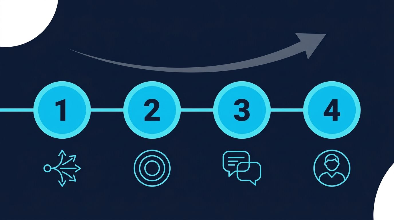 Mali müşavir hizmet sayfa AI optimizasyon 4 adım: 1. Hizmet ayrıştırma, 2. Schema yapılandırma, 3. FAQ + istatistik, 4. Vaka ekleme. Yatay numaralı timeline + her adımda ikon outline. Lacivert arka plan + turkuaz mavi adım dolgular.